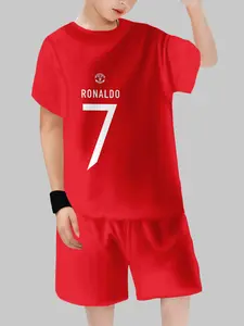Manchester United Ronaldo 7 Number Set, Boys Casual Fitted Short Sleeve Shorts, Cartoon Pattern, Daily Wear Two-Piece