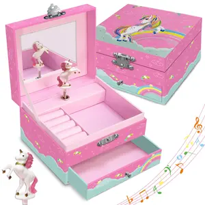 Unicorn Musical Jewelry Box for Wommens, Sparkling Rainbow Design Music Box with 1 Pullout Drawers to Store Earrings, Necklace and Bracelets, Jewelry Organizer, Lockable Mirrored Jewelry Storage for Birthday Christmas Gifts