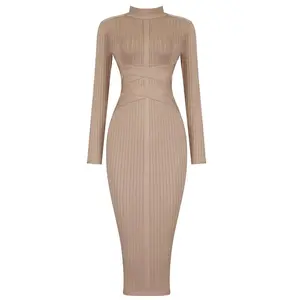 Bandage Dress - Long Sleeve, High Neck Long Dress, Plastic Waist Sexy Clubwear, Stretchy Bodycon Midi Dress for Special Occasions & Parties