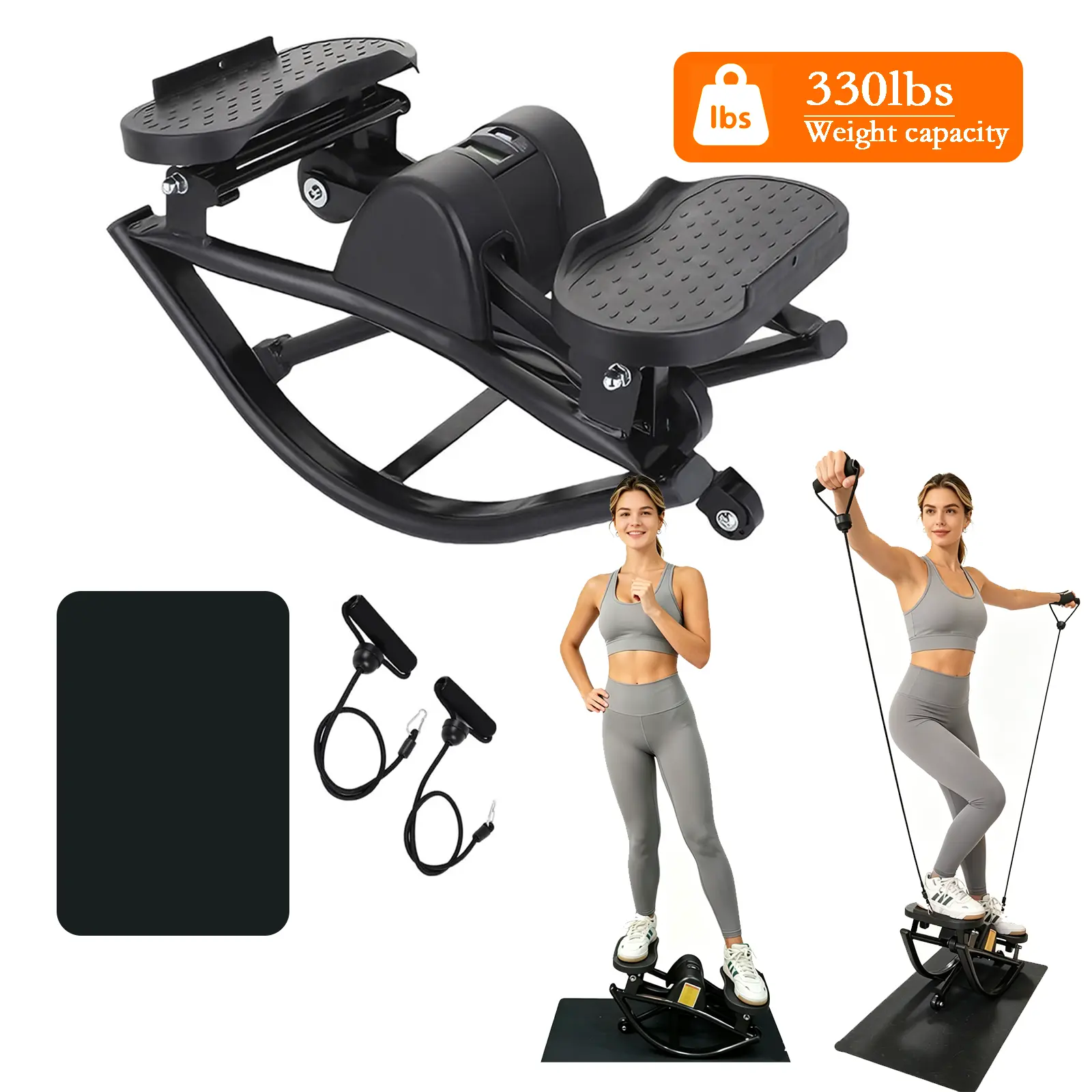 Rocking Stepper Machine, Quiet 3D Lateral Rock Stepper with Resistance Bands for Home Workout, 330 lbs Capacity, Compact Design with Built-In Counter​​​​​​ Walking Training Tool Walking Pad