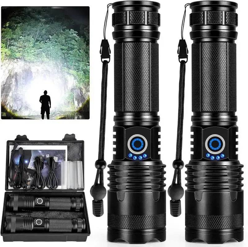 2PACKS High Lumen Rechargeable LED Flashlights Ultra-Bright Flashlights 5 Modes With COB Light Tactical Accessories,Zoom-able Torch Handheld Flashlight，For Outdoor Emergency Signaling Backyard BBQ Adjust Brightness Labor Day spotlight