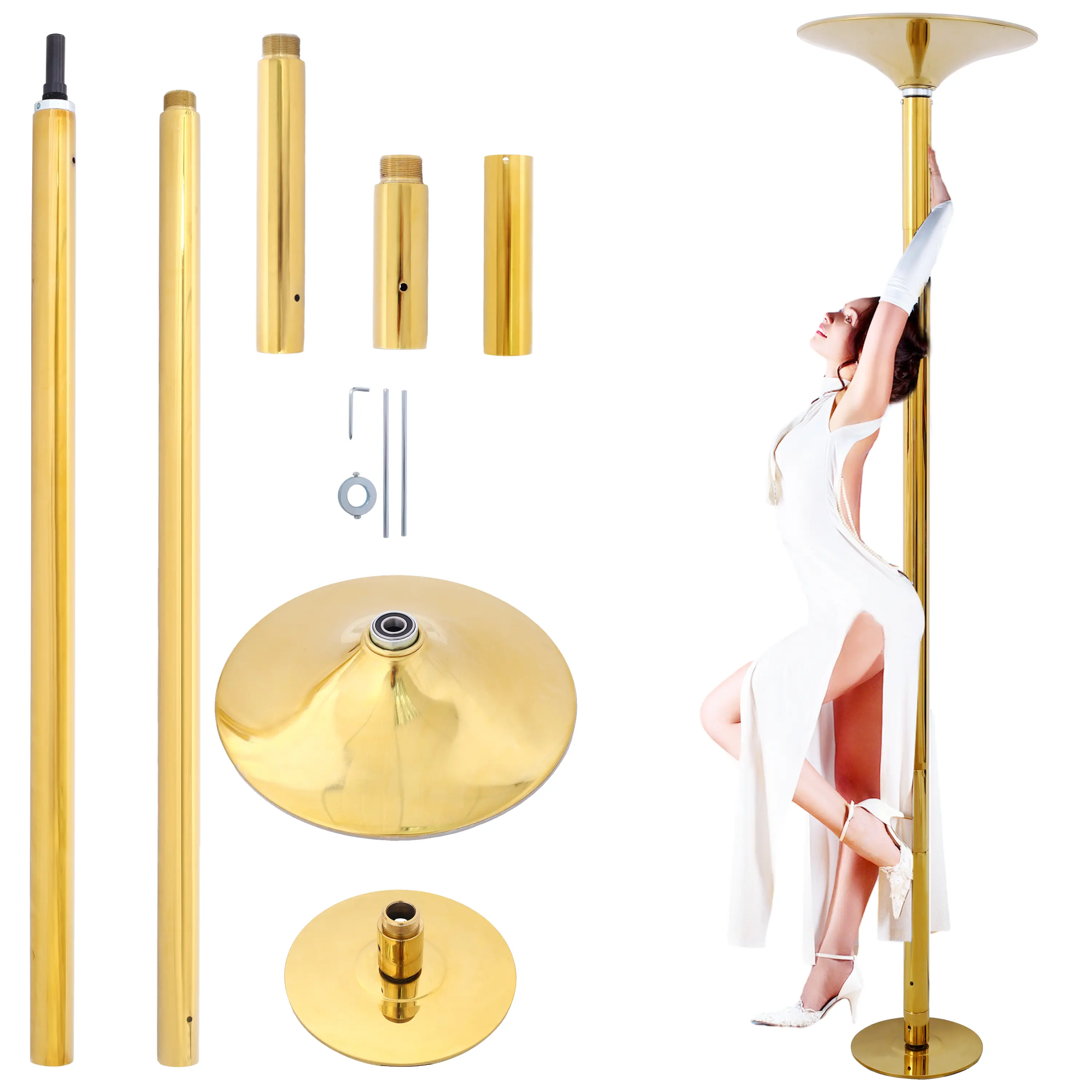 Gold Gymnastics Equipment Dance Pole - Spinning & Static, Portable Removable, 86.2-109.8in Height Adjustable, 440lb Weight Capacity for Home & Club Use, Training, Gymnastics Bar, Steel, Unisex, Hex Wrench, 10-Inch Extension, 7.3Ft To 9Ft, Height Range, Sp
