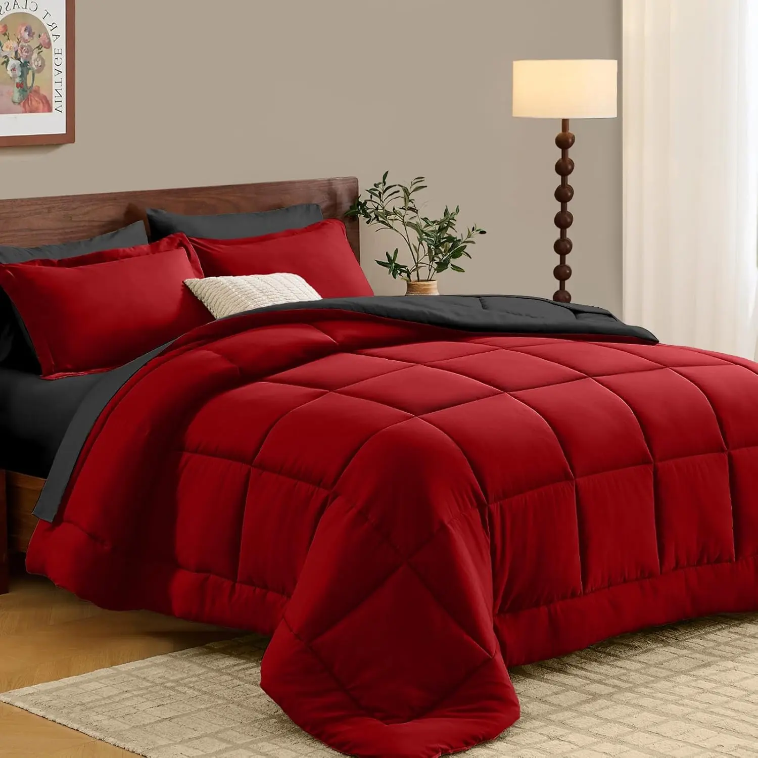 7-Piece Synthetic Geometric Bedding Set, Reversible Queen Size Bed-in-a-Bag Ready with All Seasons Premium Comforter, Flat Sheet, Fitted Sheet & Pillowcases