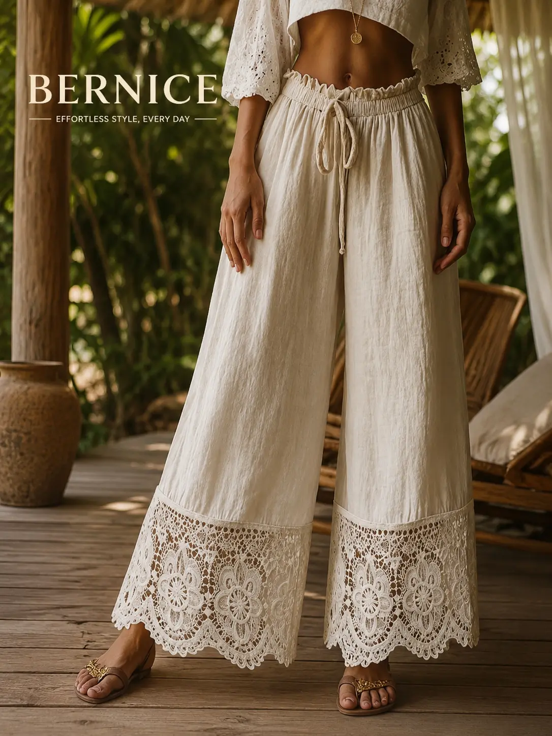 BERNICE Women's High Waisted Wide Leg Pants – Floral Crochet Lace Patchwork Hem Elastic Drawstring Paperbag Waist Vacation Trousers