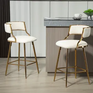[Bellemave](SET of 2) 26'' Counter height bar stools Corduroy kitchen island counter bar stool with back,golden chromed base and footrest (BEIGE)