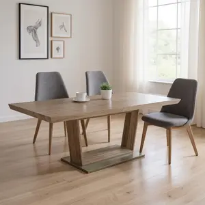 HomeRoots Rectangle Dining Room Table - 30x71x42 in. Gray Wood & Metal Pedestal Base Table with Self-Storing Leaf and Extendable Design, Rectangle Table