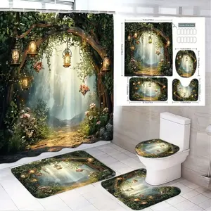 1/4pcsEnchanted Forest Shower Curtain Set - 3D Path Trees Lanterns Flowers Design, Rectangular + Oval Bath Mats, Toilet Lid Cover - Whimsical Fairytale Bathroom Decor, Perfect for Easter/Winter Solstice/Valentine’s Day Gift, Magical Nature Themed S