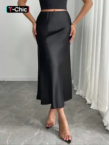 Elegant High Waist Satin Midi Formal Fashion Slim Fitting Skirt, Spring & Fall Fashion, Slimming Solid Color Design, Women's Stylish Clothing