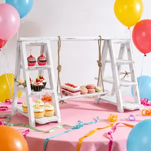 Rustic 3-Tier A-Shaped Serving Ladder Stand White Iron Pine Hemp Rope For Cake Dessert Fruit Party Wedding Buffet