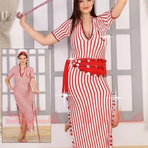 Lady's Elegant Traditional Red-and-White Striped Saidi-Style Egyptian Belly Dance Galabeya Dress with Accessories