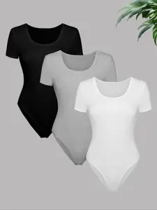 Women's Solid Color Bodysuit, Casual Comfy Bodysuit for Daily Wear, Ladies Clothes for Summer