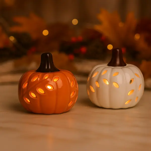 Ceramic Pumpkin Lantern with LED – Fall and Halloween Home Decor for Table, Shelf, or Mantel – Cozy Autumn Decoration with Ghost Candle, Light Up House, and Jar Candle – Spooky Seasonal Accent, Thanksgiving Centerpiece, Perfect Gift for Fall Lovers