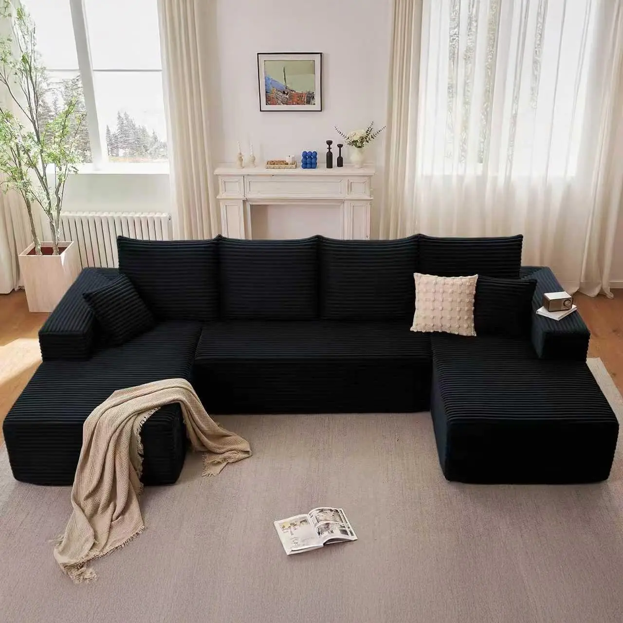 3 Packages 132" U-Shaped Cloud Sectional CouchPlush Corduroy Modular Sofa with Double Chaise NoAssembly Deep Seat Boneless Sofa Set for Living Room FastShipping Black Couch Living Room Boneless Furniture modern modular sofa