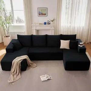 【#TikTokShopDealsforYouDays】3 Packages 132" U-Shaped Cloud Sectional CouchPlush Corduroy Modular Sofa with Double Chaise NoAssembly Deep Seat Boneless Sofa Set for Living Room FastShipping Black Couch Living Room Boneless Furniture modern modular sofa