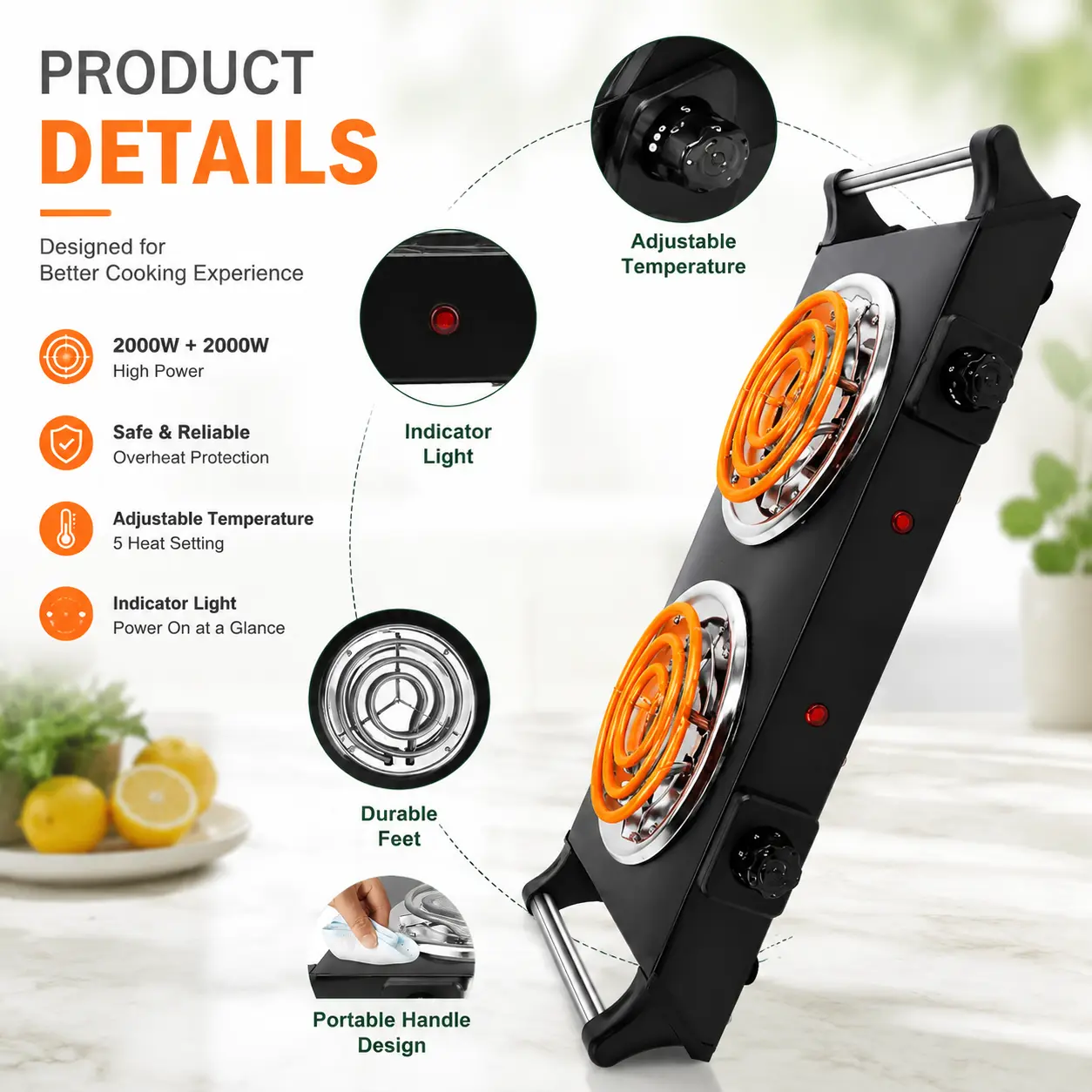 Classic 2000W Rectangular Coated Iron Countertop Hot Plate - Portable Electric Stove with 5 Temperature Settings, Carry Handles for RV-4271