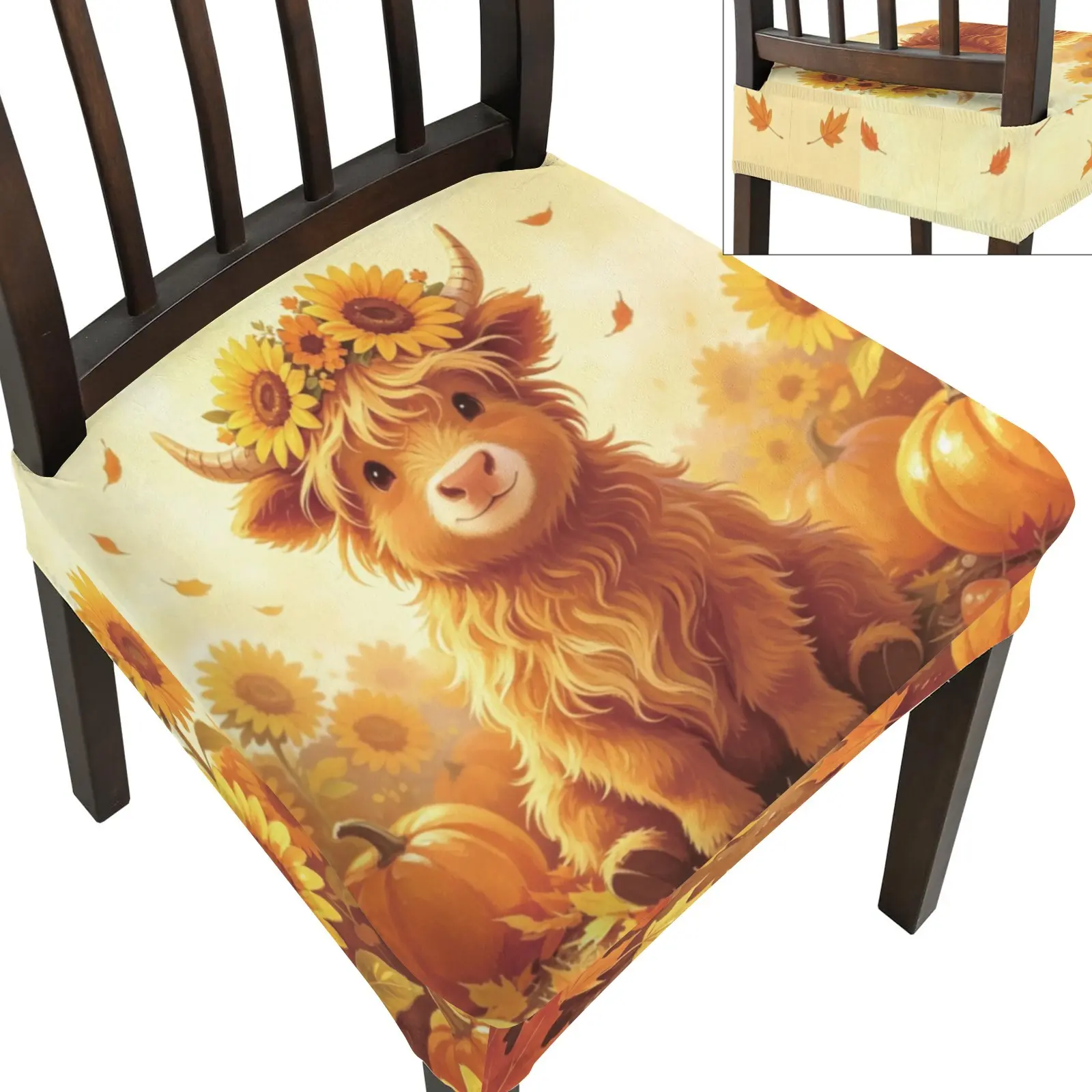 Highland Cow Stretch Dining Chair Covers - Stretch Fabric Seat Cover, Washable Chair Slipcover Protector for Renters/Hosts, Sunflower Theme for Dining Room Gatherings