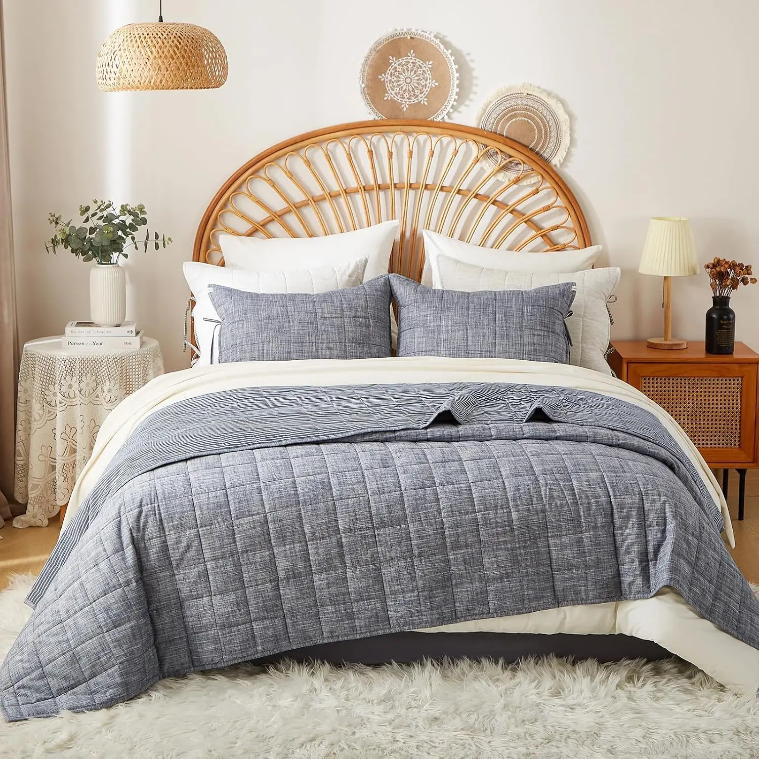 Navy Quilts Queen Size 3-Pieces Cotton Bedspread Queen Size | Queen Quilt Set with Blue Stripe Bedding Coverlet Light Weight Quilted Blanket with 2 Pillow Shams