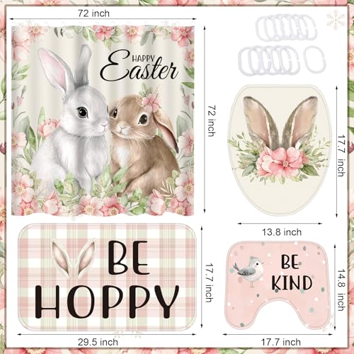 4/8Pcs Easter Bunny Bathroom Decor Set including 70x70in Waterproof Bunny Flower Shower Curtain with Hooks & Non Slip Bath Mat & U shaped Rug & Toilet Lid Cover for Spring Bathroom Makeover Home Supplies