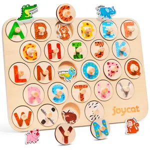 JoyCat Wooden Puzzles, 52 Pcs Large Size Letter Matching Animal Alphabet Peg Puzzles, Montessori ABC Learning Toy, Preschool Learning Activities