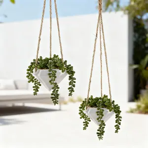 6.75" & 4.5' Hanging Geo Planter Empty SET OF 2 White Modern Stylish Design Durable Ceramic Material