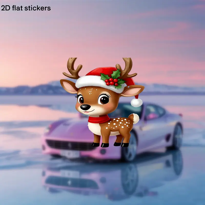 2D Flat -1 Festival Christmas Reindeer Sticker - Cute Cartoon Design with Christmas Hat and Holly, Self-adhesive, Glossy Surface, Suitable for Cars, Motorcycles, Laptops, Water Bottles - Perfect Holiday Gift, Christmas Decoration, Christmas Best