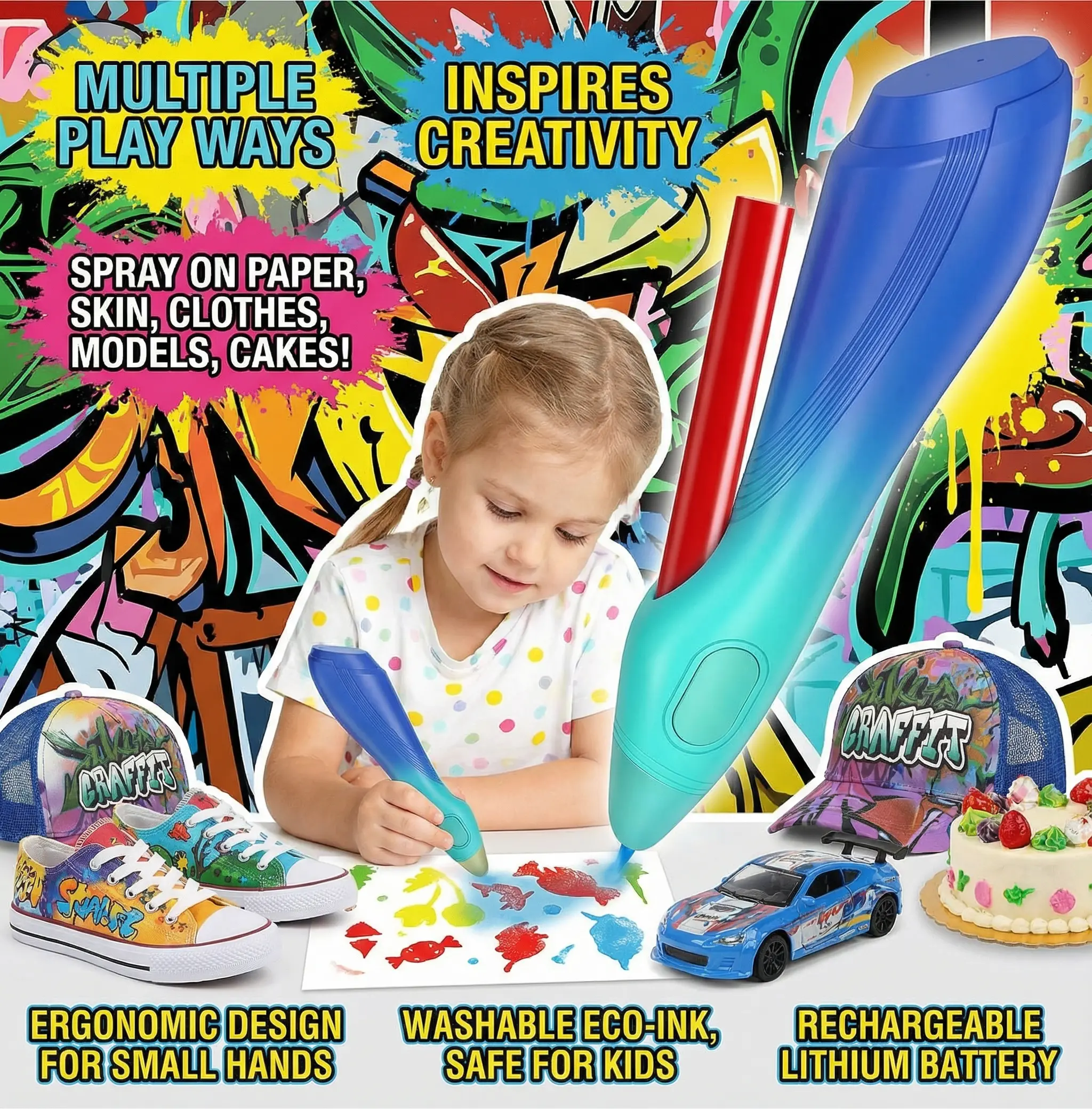 Kids Electric Spray Pen Airbrush Set - 600mAh Li-Ion Battery Graffiti Marker Kit, 12 Felt Pens, 19 Stencils, USB Rechargeable Bright Tool, Washable Stickers, 90g Water-Soluble Ink Arts Craft, Easy Water Clean Beginner Graffiti Art Kids Gift for Birthdays