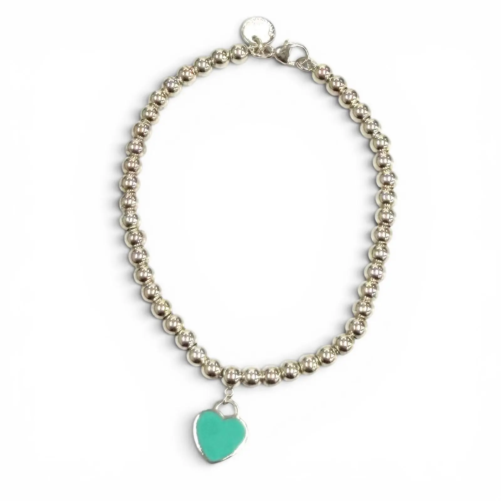 Pre-owned Tiffany & Co. Sterling Silver 925 (Ag925) Small Leather Goods Mini Heart Tag Silver Bead Bracelet