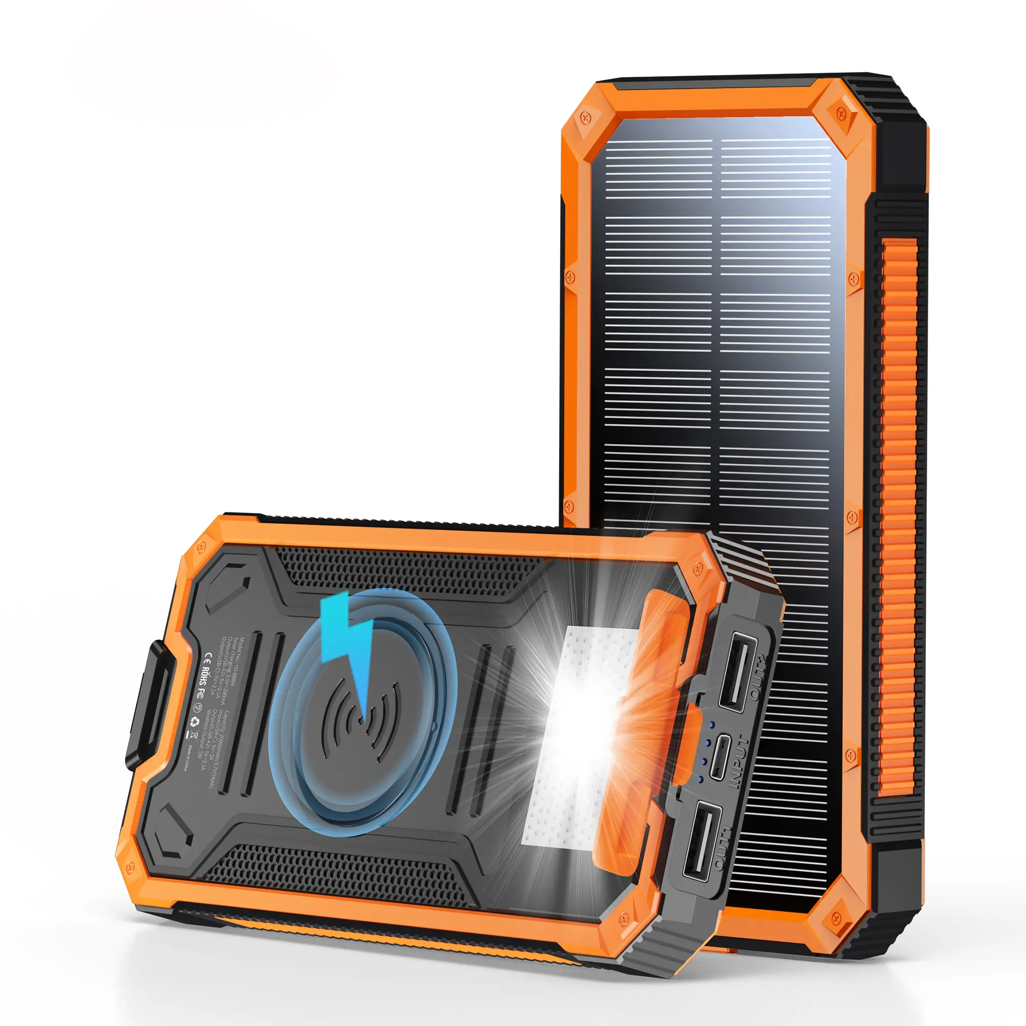 20000mAh Solar Power Bank - Wireless Charger with USB-C I/O, Dual USB Outputs, 5W Charging, Built-in Lamp, Orange Design - Photovoltaic/Type-C Banks for Multiple Device Charging (iPhone, Galaxy) Father's Day Gift, Solar Power Banks summerwins