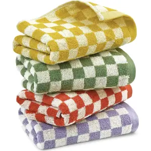 Hand Towels for Bathroom 4 Pack, Cotton Soft Absorbent for Face Spa Bath Gym Kitchen, Decorative Checkered Hand Towel Set, 13 x 29 Inches, 4 Colors