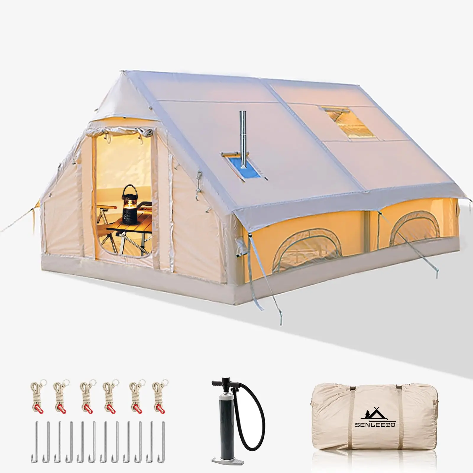 SENLEETO 129sq ft Inflatable Cabin Tent for 8-10 People | Waterproof 4-Season Family Air Tent with Stove Jack Lightweight Canopy Shelter Glamping Tent Easy Setup Tent