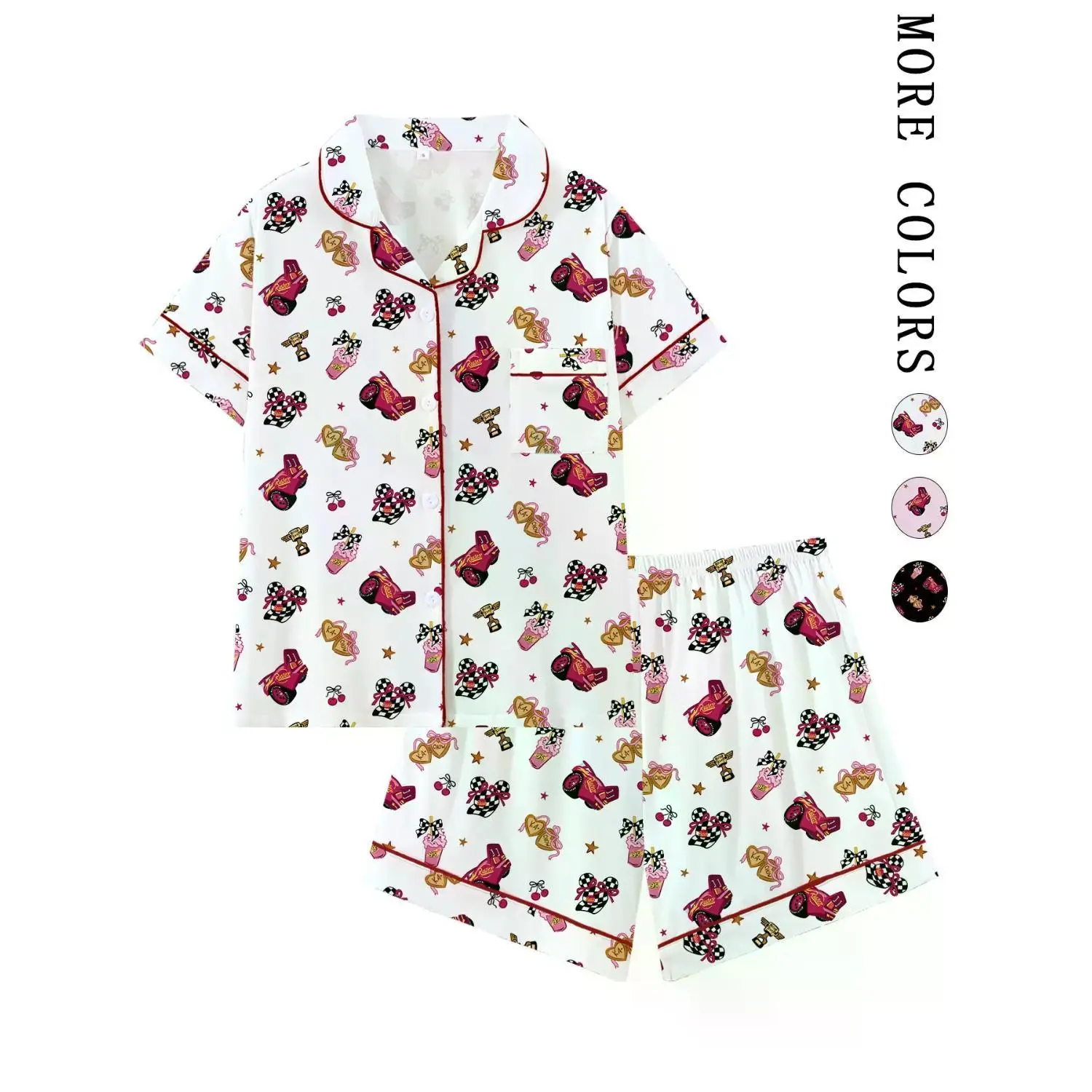 Chic Racing-Inspired Pajama Set | Adorable Pink Race Car & Checkered Bow Print Sleepwear | Soft Short Sleeve Button-Down Lounge Ensemble with Red Piping | Playful 2-Piece Summer PJs | Delightful Novelty Nightwear Gift | Cozy Loungewear