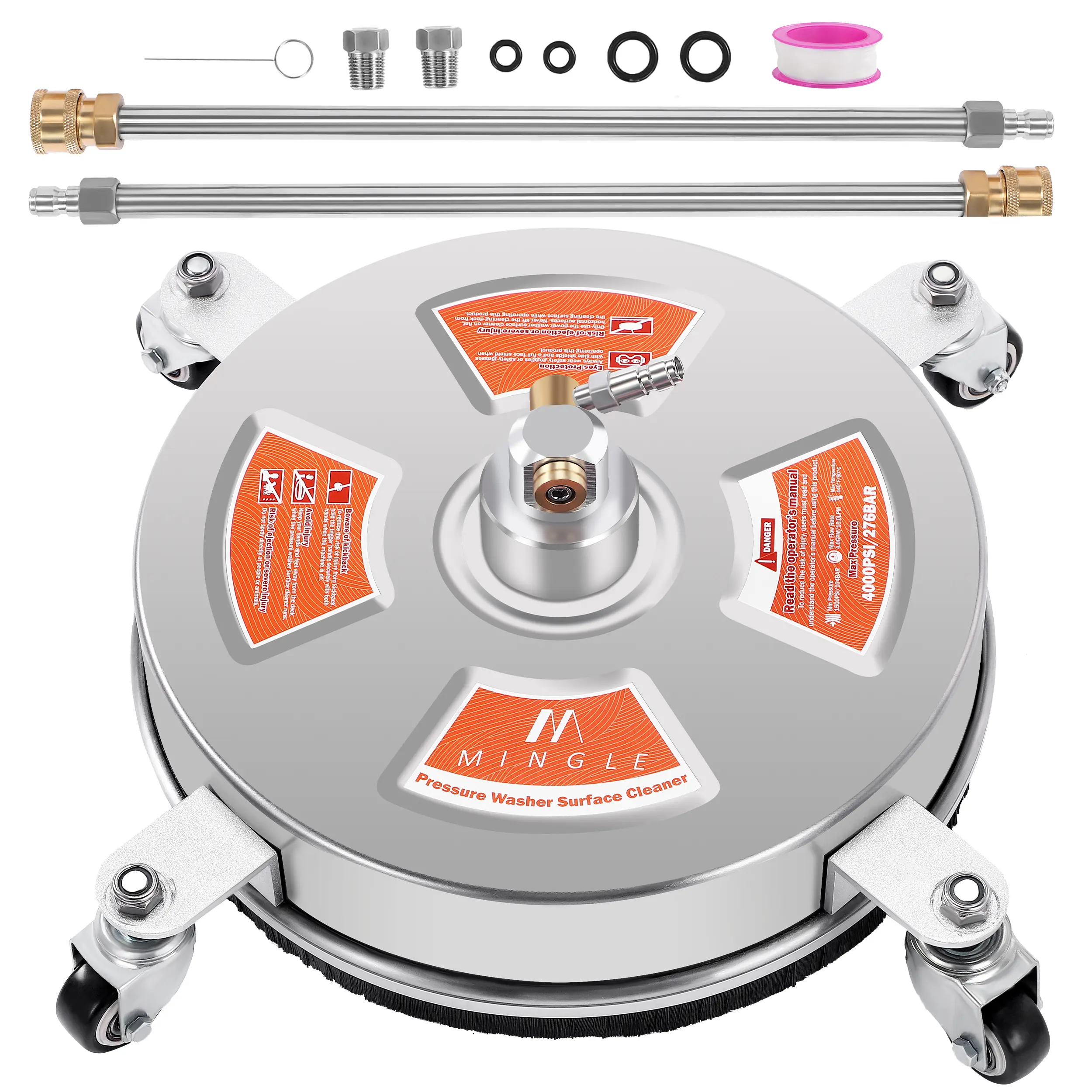M MINGLE 14-in Stainless Steel High Pressure Washer Surface Cleaner Attachment, 4000 PSI, 1/4-in Quick Connect, 2 Extension Wands, 2 Replacement Pressure Washer Nozzles, 4 O-Rings, 4 Wheels for Flat Surfaces Driveways Decks【DealsForYouDays】, Pressure Wash