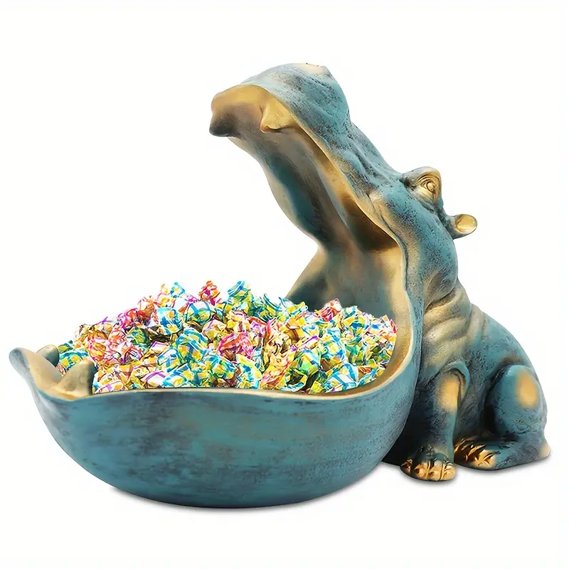 Resin Hippo Animal Sculpture - Large Mouth Home Decor Decoration Statue, Multi-Purpose Storage Container, Key Bowl, Table Art, Quirky Gifts for Valentine's Day, Halloween-Ready, Figurine