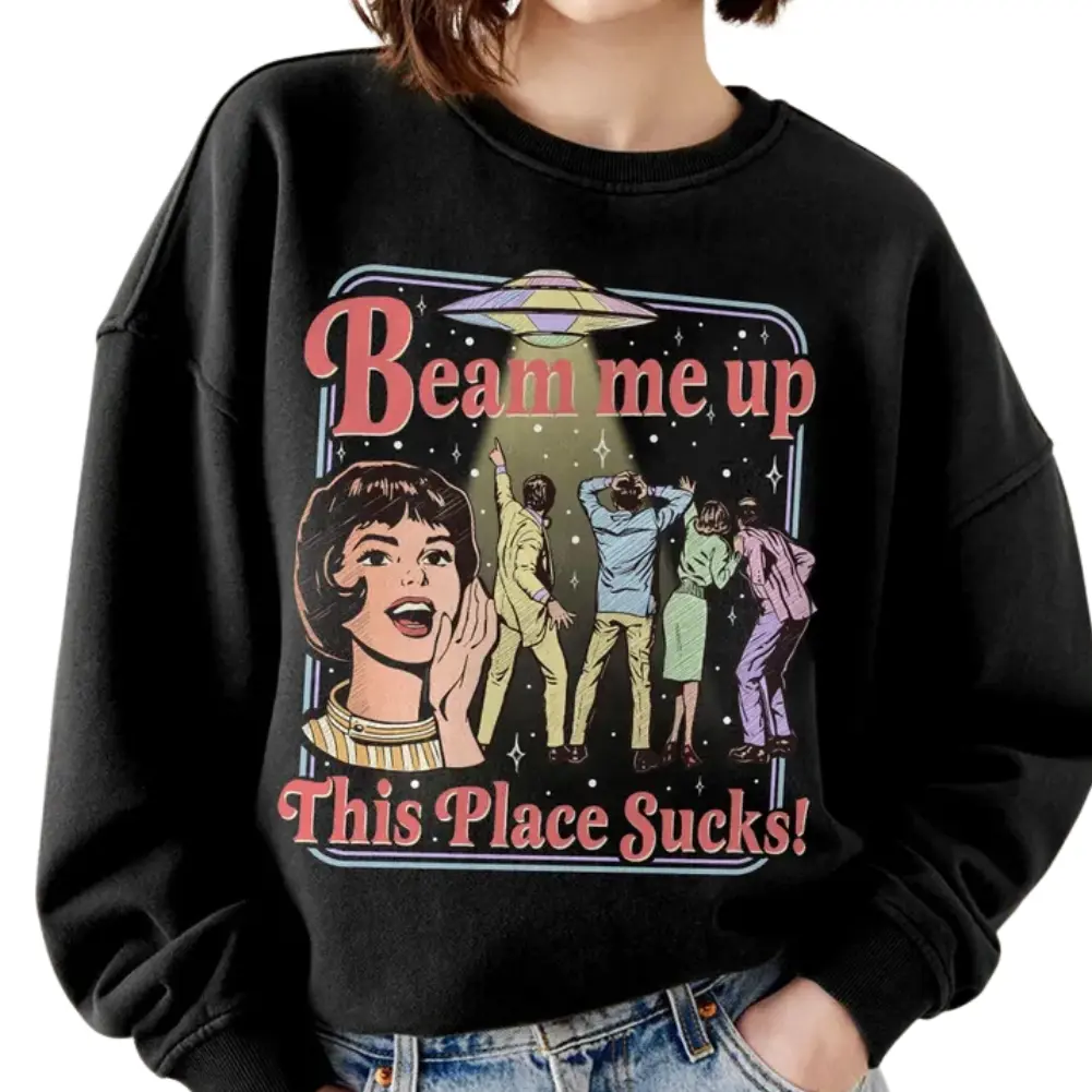 Unisex Retro UFO Graphic Sweatshirt, Soft Funny 60s Style Alien Pullover Tops with a Relaxed Fit for Casual Wear