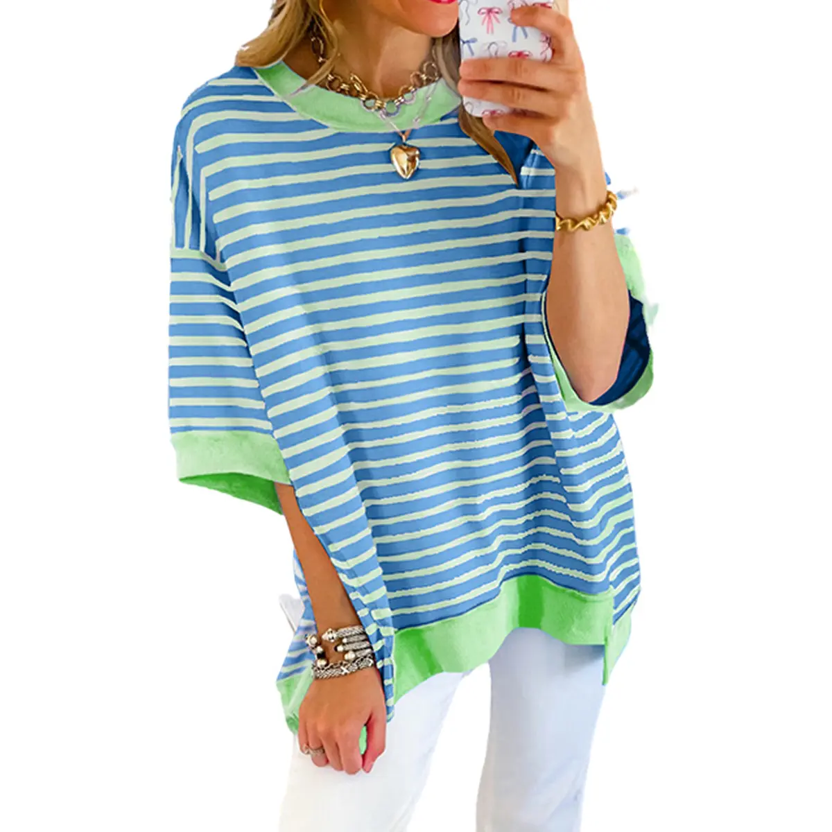 Mntaor Womens Oversized Striped Color Block Tees Half Sleeves Contrast Trim Exposed Seam High Low Drop Shoulder Casual  Pullover T Shirt