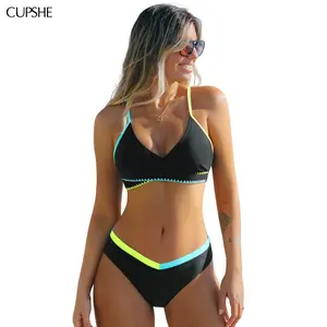 CUPSHE Electric Spark Diamond Neckline Low-rise Black Swimsuit Bikini Set Swimwear