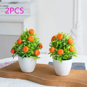 2 pieces - Artificial orange tree bonsai, with 9 realistic oranges - Mini artificial potted plants, featuring green leaves and white flower pots, low-maintenance realistic/outdoor decoration, suitable for home, office, desktop - Moving house gift (plastic