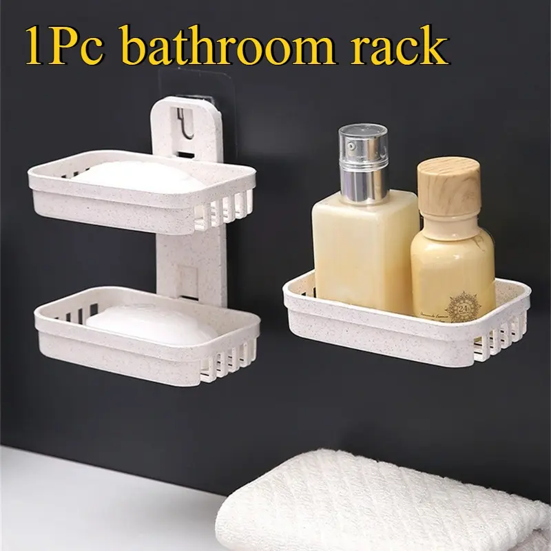 Punch-Free Soap Box Wall Mounted Single Double Layer Suction Cup Wall Hanging Bar Soap Holder Soap Rack Bathroom Rack Kitchen Storage Box Soap Dish Bathroom Accessory