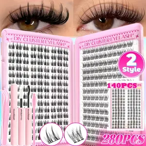 280Pcs/140Pcs Manga Eyelash Clusters, Individual Lash Extensions, Individual False Eyelashes, 2 Styles Natural Eyelash Extensions Kit with Bond & Seal, Tweezers & Brush, D-Curl 9-16mm Mixed Length DIY Lashes, Natural Cluster, Reusable, Cluster Lashes Pack