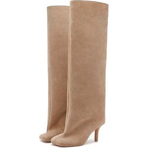EROCALL Women's Nude Suede Knee High Boots Square Toe Wide Calf Fashion Boots with Kitten Heel Pull On Tall Winter Boots for Ladies