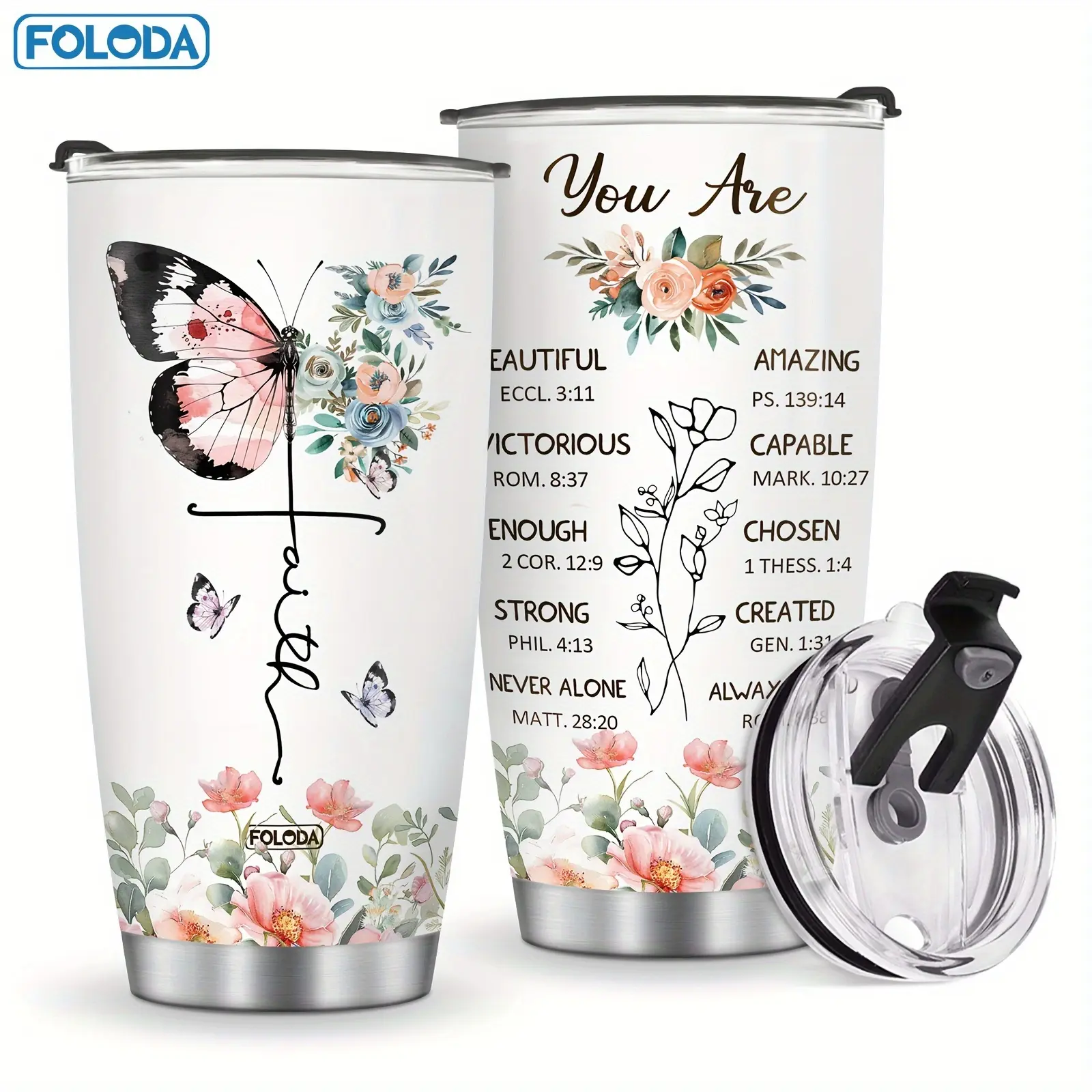 Foloda 1pc Butterfly Gifts Christian Gifts for Women Religious Christmas Birthday Gifts Encouraging Inspiration Gifts for Women Christian Tumblers with Lid Faith Tumbler Cup Christian Insulated Travel Coffee Mug 20oz with Lid