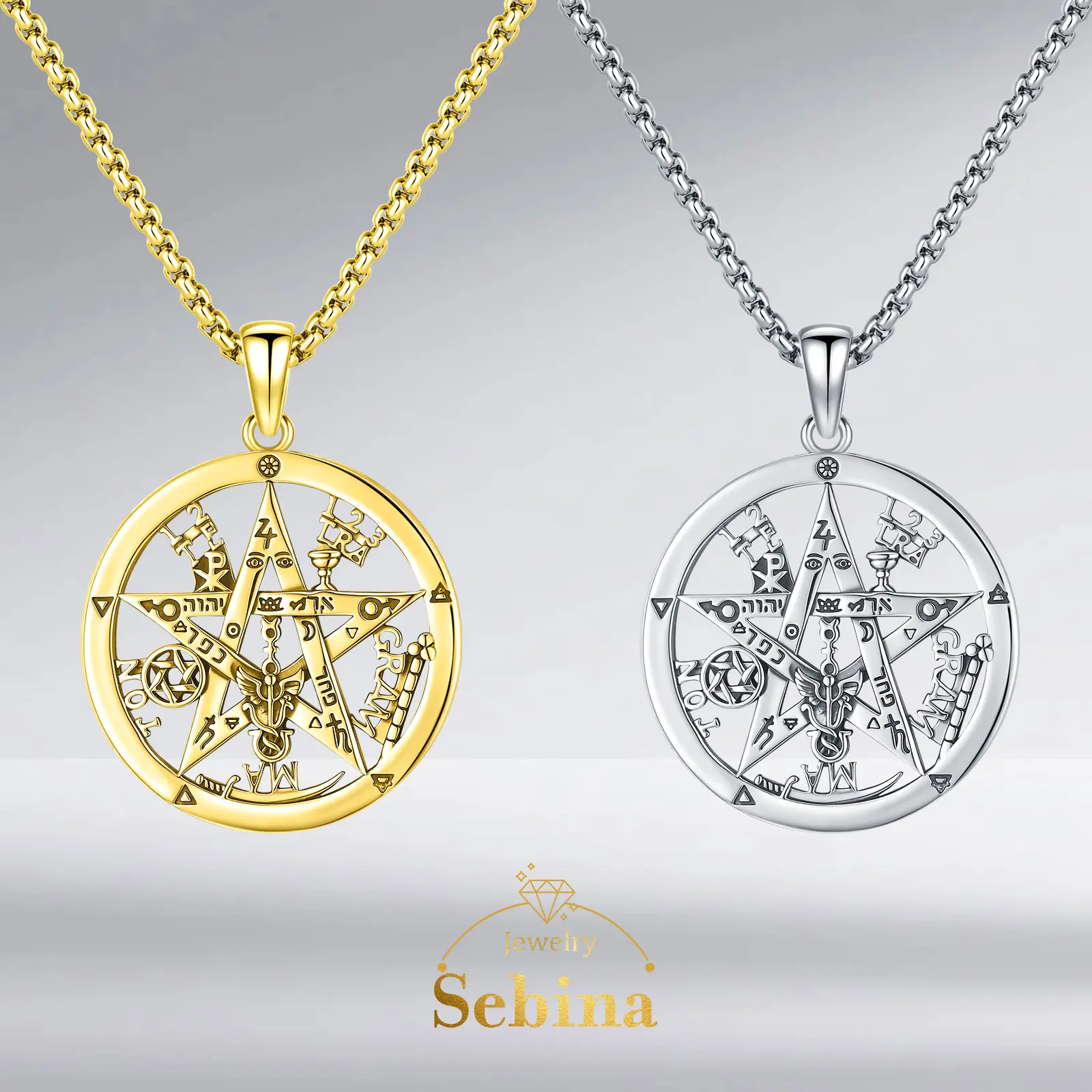 Sebina Silver Tetragrammaton & Pentagram Necklace – Hecate Pendant Witchcraft Pagan Amulet, Holiday Gift For Her, Him, Men & Women Medallion Chain