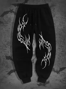 Original Gothic Dark Style Men's Casual Sports Joggers, Fitted Plain Design, Spring & Fall Fashion, Moderate Fabric Thickness