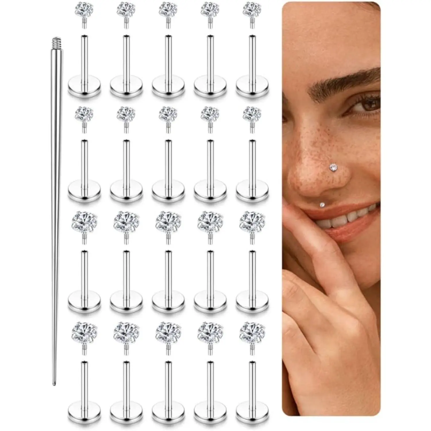 YADOCA 16G Surgical Steel Body Piercing Jewelry - Internal Thread CZ Flat Back Bling Effect Labret Studs for Tragus, Conch, Helix, Cartilage, Forward Lip, Monroe, Medusa - Hypoallergenic, Vertical Labret, Female, Labret Jewelry