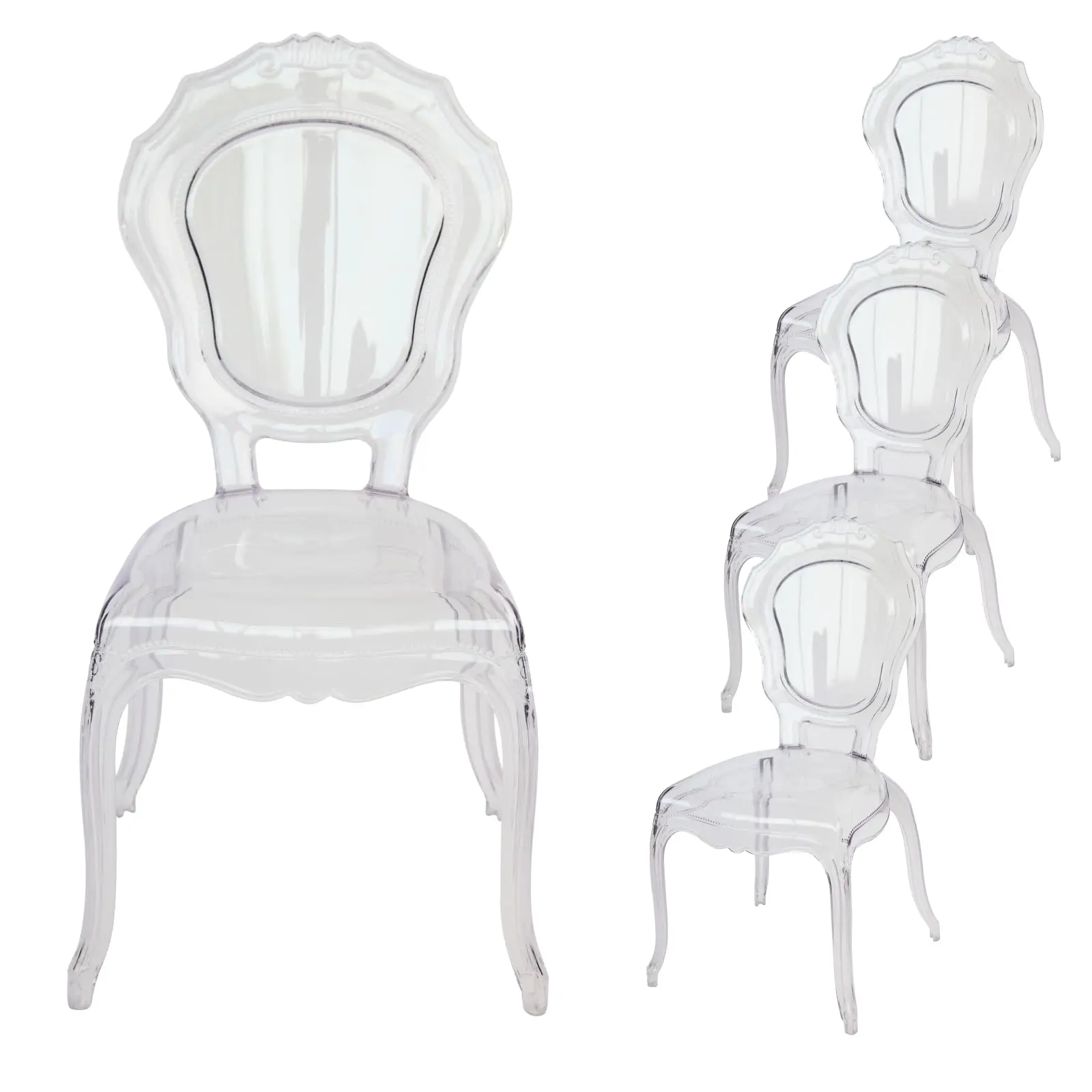FOH Set of 4 Clear Ghost Dining Chairs with Transparent Seat, Ideal for Events and Banquets - Durable and Stackable