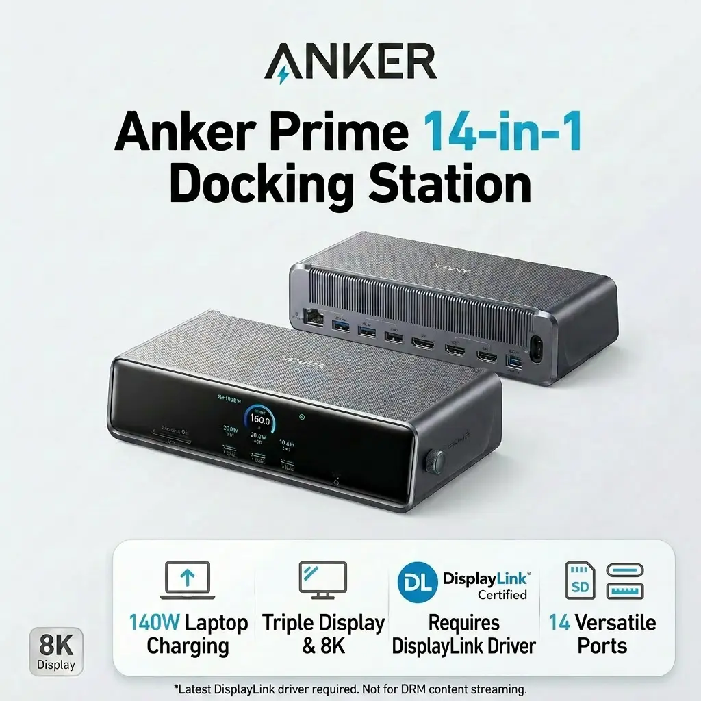 Anker Prime Docking Station (DL7400), 14-Port Triple Display with DisplayLink, 140W Max, Smart Display, Triple 4K 60Hz, Cooling Fan, for macOS and Windows (The Latest DisplayLink Driver Required)