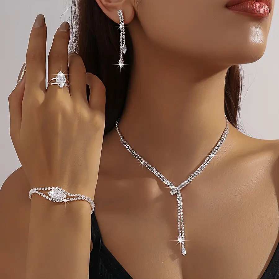 Female Silver-Plated Brass Stone 2-Piece Jewelry Set - Drop Earrings, Hook Earrings, Necklace, Metal Coating Elegant Party Accessory, Refined Birthday Gift, Caution: Choking Hazard, Two Piece Set, Fashion Accessory