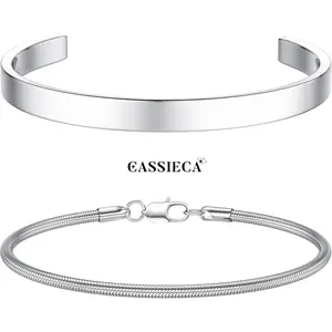 CASSIECA Men's Stackable Bracelet Set - Cuff, Snake Rope, Cuban Link & Cuff Chain Styles, 19/21cm, Metal Coating, Daily Unisex Men's Jewelry Gifts for Dad, Boyfriend SummerVibes