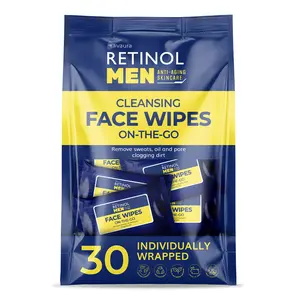 LIVAURA Retinol Mens Individually Wrapped wipes, travel essentials for Work, Gym & On the Go - Large Wet Wipes for face + body, Fresh and clean, with micellar water & Vitamin A-C-E - 30 single facial wipes Skin Repair