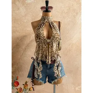 Women's vacation sexy leopard print scarf backless bow tie lace up shirtRAIMENTRY